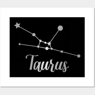 Taurus Zodiac Constellation in Silver - Black Posters and Art